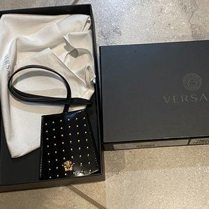NEW Versace Made in Italy Black Leather Keychain!